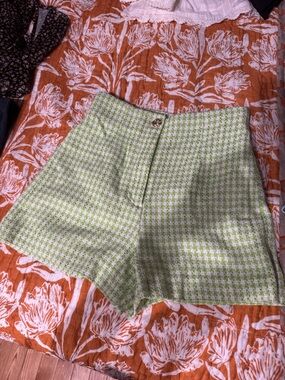 Zara High-Waist Green & White Houndstooth Tweed Shorts